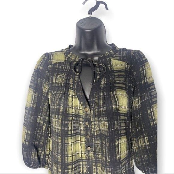 Princess by Vera Wang Blouse Women’s XS Windowpane Plaid Green Lace Up Tunic - Picture 3 of 8